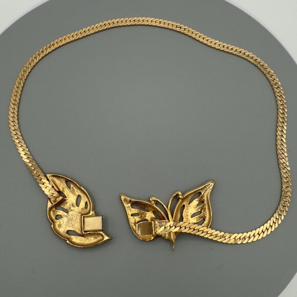 Vintage Gold-Tone Butterfly & Leaf Necklace With Textured Chain 16" - Picture 9 of 11